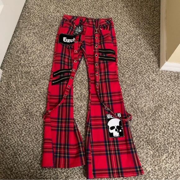 Dolls KillThe Grave Girls Aurora Red Plaid Flare Pants, Size Small, NWT - Picture 1 of 5